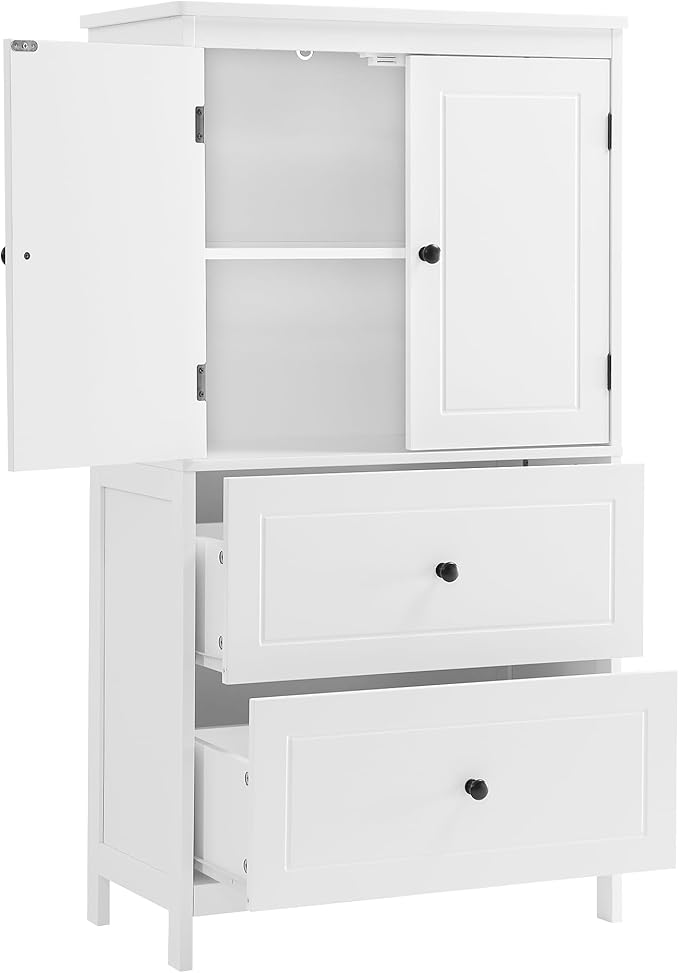 Tall Storage Cabinet, Bathroom Floor Freestanding Storage Cabinet with 2 Doors and 2 Drawers for Bathroom, Office, Living Room, White