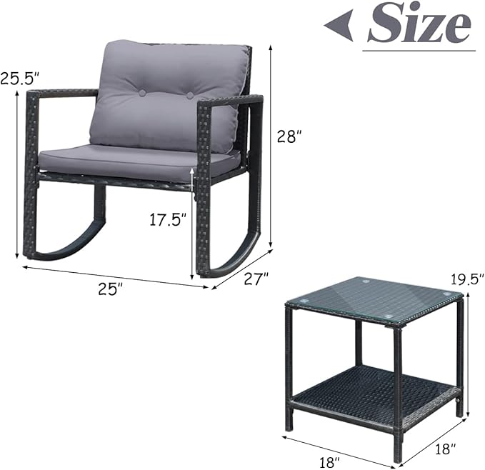 COSTWAY 3 Pieces Patio Rattan Rocking Chair Set, Outdoor Conversation Furniture Sets with Coffee Table, Storage Shelf and Cushions, Modern Bistro Set for Porch, Backyard, Garden, Gray