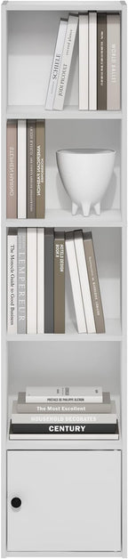 Furinno LUDER Book Shelf, 5-Tier Modern Bookshelf, Bookcase with 1 Door Storage Cabinet, 9.3 x 12 x 52, for Living Room, Bedroom, Home Office, White