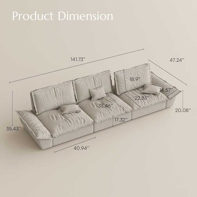 POVISON Oversized Modular Sectional Sailboat Sofa for Living Room with Adjustable Backrest Sectional Couches Large Deep Sofa Set 3 Seats Big Comfy Cloud Couch for House Office