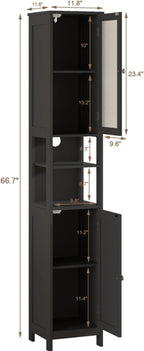ChooChoo Tall Bathroom Storage Cabinet with Light，5-Tier Narrow Bathroom Cabinet with 2 Doors, Slim Storage Linen Cabinet Freestanding with Adjustable Shelves for Space Saving, Black