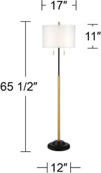 Possini Euro Design Roxie Modern Glam Floor Standing Lamp 65.5" Tall Sleek Brass Black Metal Double Layer Linen and Sheer Drum Shade Decor for Living Room Reading House Bedroom Home