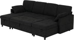 110" Fabric Pull-Out Couch Bed w/Adjustable Backrests, Sectional Sleeper Sofa w/USB Ports & 2 Cup Holders, Upholstered U-Shaped Couch w/Storage Chaise for Living Room, House, Black