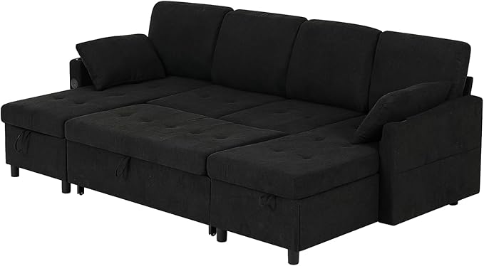110" Fabric Pull-Out Couch Bed w/Adjustable Backrests, Sectional Sleeper Sofa w/USB Ports & 2 Cup Holders, Upholstered U-Shaped Couch w/Storage Chaise for Living Room, House, Black