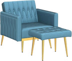 Velvet Accent Chair with Adjustable Armrests and Backrest, Button Tufted Lounge Chair, Single Recliner Armchair with Ottoman and Pillow for Living Room, Bedroom, Baby Blue