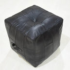 Handmade Eco-Friendly Geometric Leather Pouf Black Color Square 16" x 16" x 16" Buffalo Leather Pouf for Living Room, Bedroom Seating, Patio