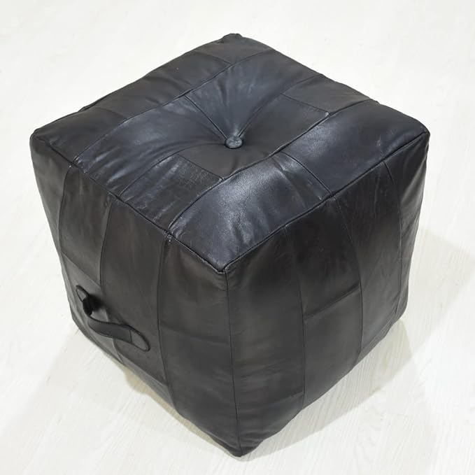 Handmade Eco-Friendly Geometric Leather Pouf Black Color Square 14" x 14" x 14" Buffalo Leather Pouf for Living Room, Bedroom Seating, Patio