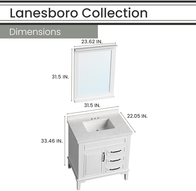 Hanover 31 Set Includes w, White Lanesboro 31'' Vanity Sink Combo for Bathroom, Powder Room | Pre-Assembled 1 Door, 3 Drawers | Accent Mirror | Artificial Stone Countertop, Cabinet, 31 inches