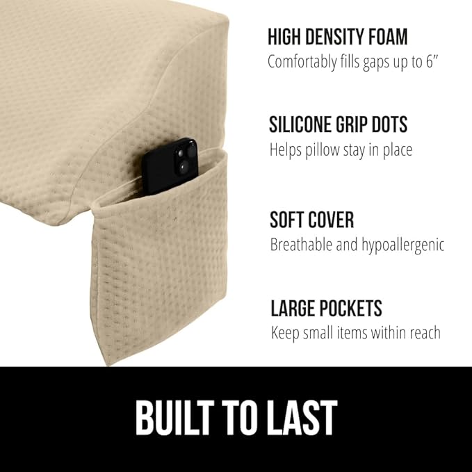 GORILLA GRIP Patent Pending Queen Bed Wedge Pillow Headboard Gap Filler, US Designed, Comfortable Supportive High Density Foam Pillows, Stay in Place Gripping Dots, Wedges Between Mattress, Cream