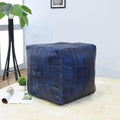 Handmade Eco-Friendly Geometric Leather Pouf Vintage Blue Color Square 18" x 18" x 18" Buffalo Leather Pouf for Living Room, Bedroom Seating, Patio