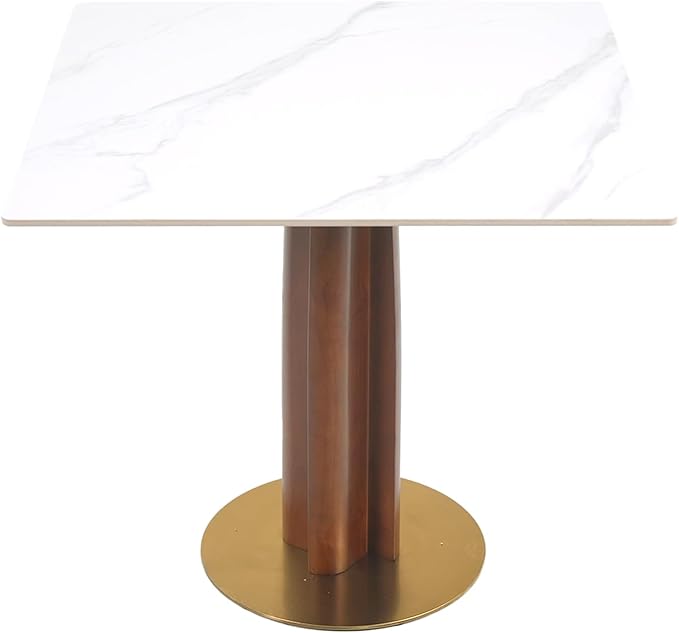 Sintered Stone Square Office Table and Chair Set - Meeting Table for Small Offices (Walnut‌ Leg and White Top, 1 Table and 4 Chairs)