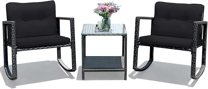 COSTWAY 3 Pieces Patio Rattan Rocking Chair Set, Outdoor Conversation Furniture Sets with Coffee Table, Storage Shelf and Cushions, Modern Bistro Set for Porch, Backyard, Garden, Black