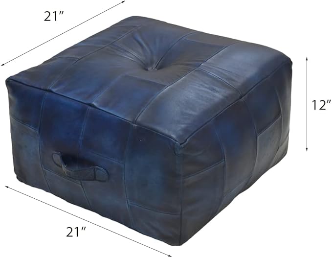 Handmade Eco-Friendly Geometric Leather Pouf Vintage Blue Color Square 21" x 21" x 12" Buffalo Leather Pouf for Living Room, Bedroom Seating, Patio