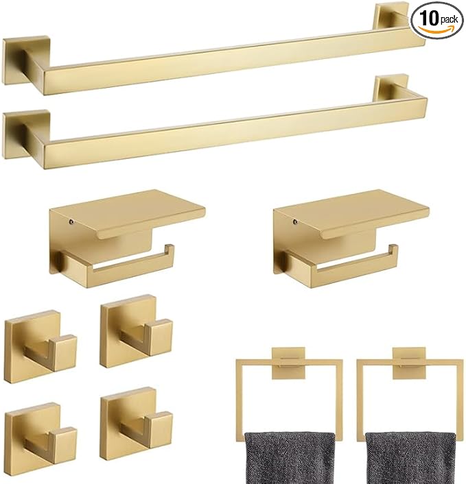 10-Piece Bathroom Hardware Kit - Brushed Finish SUS304 Stainless Steel Set, Featuring 2 x 23.6 Towel Bars, 2 Towel Rings, 2 Toilet Paper Holders & 4 Towel Hooks (Brushed Stainless) (Brushed Gold)