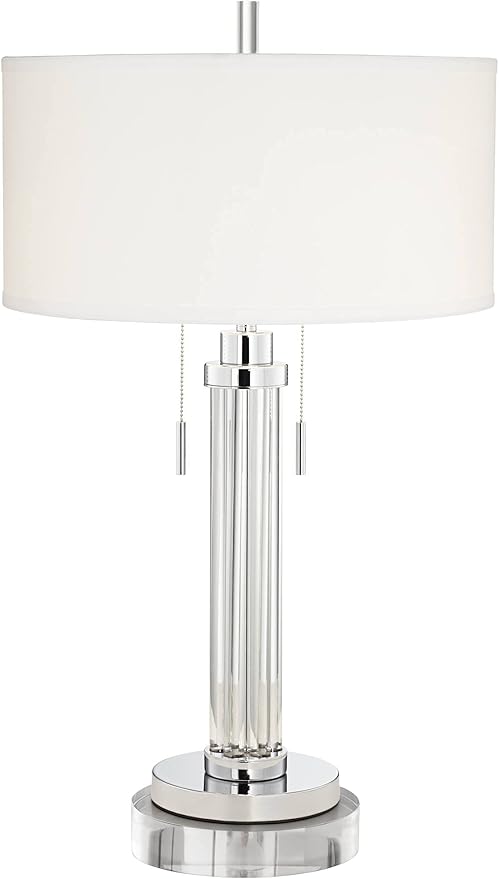 Possini Euro Design Cadence Modern Table Lamp 33" Tall with Round Riser Linear Clear Glass Rod White Linen Drum Shade for Bedroom Living Room House Home Bedside Nightstand Office Entryway Family