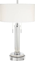 Possini Euro Design Cadence Modern Table Lamp 33" Tall with Round Riser Linear Clear Glass Rod White Linen Drum Shade for Bedroom Living Room House Home Bedside Nightstand Office Entryway Family
