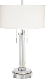 Possini Euro Design Cadence Modern Table Lamp 33" Tall with Round Riser Linear Clear Glass Rod White Linen Drum Shade for Bedroom Living Room House Home Bedside Nightstand Office Entryway Family