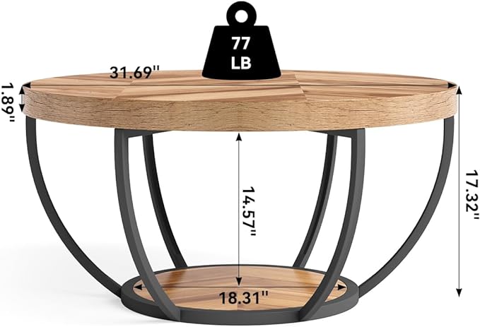 LITTLE TREE Round Coffee Table, 32" Circle Coffee Table for Living Room, 2-Tier Wood Accent Center Table with Open Storage Industrial Design Home Furniture (Wood Grain and Black)