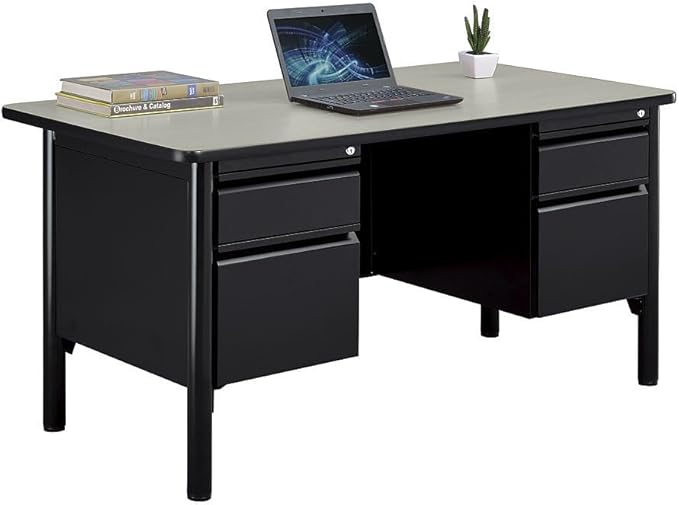 nbf signature series Stahl Double Pedestal Office Desk – Durable Gray Laminate Computer Desk with 4 Lockable Drawers – Modern Executive Desk with File Cabinet – 60" W x 30" D Office Work Desk