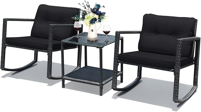 COSTWAY 3 Pieces Patio Rattan Rocking Chair Set, Outdoor Conversation Furniture Sets with Coffee Table, Storage Shelf and Cushions, Modern Bistro Set for Porch, Backyard, Garden, Black
