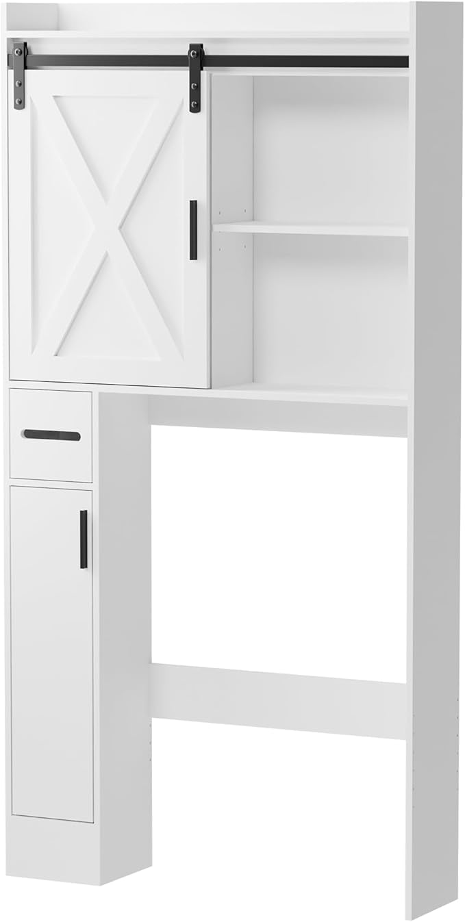 MU Over The Toilet Storage Cabinet with Doors, 32" Bathroom Storage Organizer with Side Shelves, Space-Saving Toilet Storage Rack for Bathroom, Laundry (Sliding Barn Door)