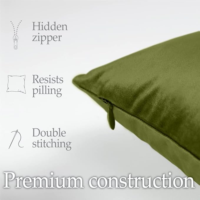lalaLOOM Velvet Throw Pillow Covers, Set of 2, 20x20 Decorative Square Pillows Home Decor, Soft Accent Cases, Silky Machine Washable Pillowcases for Sofa, Couch, Bedroom, Living Room, Moss Green