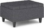 SIMPLIHOME Harrison 34 inch Wide Transitional Rectangle Small Coffee Table Storage Ottoman in Slate Grey Linen Look Fabric, Assembled, for the Living Room and Bedroom
