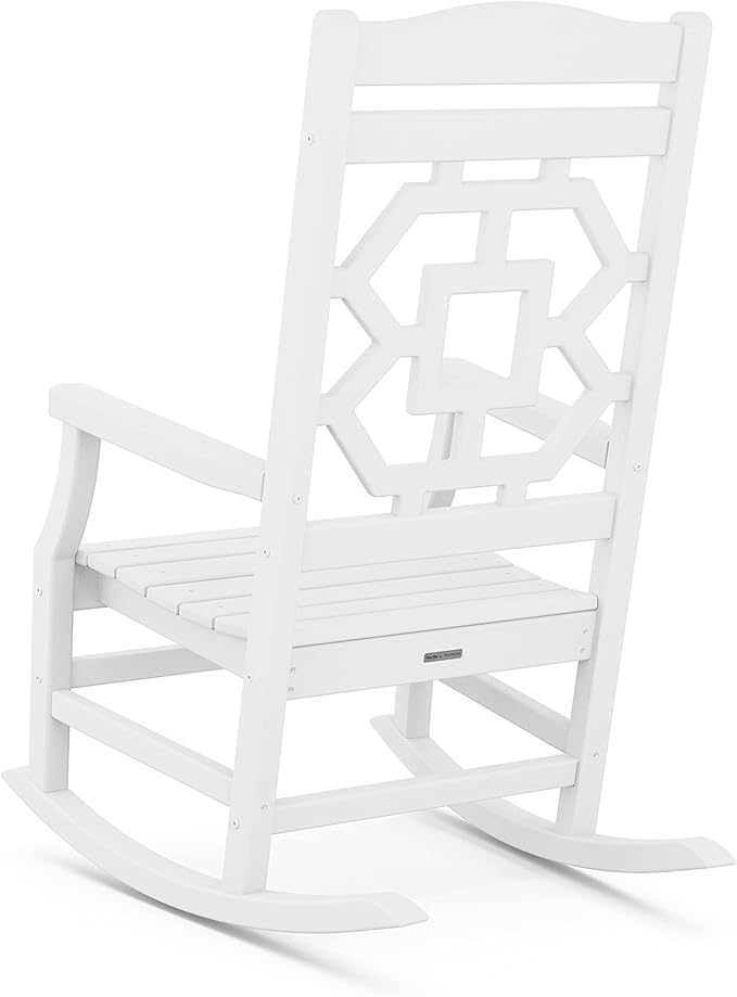 Martha Stewart by POLYWOOD Chinoiserie Outdoor Rocking Chair, White, Durable HDPE All-Weather Patio Furniture with Decorative Lattice, Classic Porch Rocker for Deck, Garden & Backyard, Made in the USA