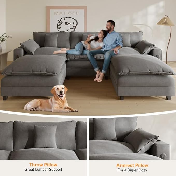 Cloud Couch, Modular Sectional Sofa with Ottoman, Charging Station, Throw Pillows, Cup Holders, Modern Convertible L Shaped Couches for Living Room, Bedroom (Grey, 116"- U Shape)