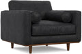 SIMPLIHOME Morrison Accent Chair - 43 inch Wide Upholstered Top Grain Genuine Leather Mid-Century Modern Arm Chair with Solid Wood Frame in Lead Black, for Living Room with 2 Bolster Pillows