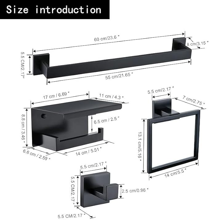 10-Piece Bathroom Hardware Set - Matte Black SUS304 Stainless Steel Wall-Mounted Towel Bar, Holder & Racks, 23.6 Inch