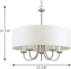 Progress Lighting Drum Shade Collection Five-Light Chandelier, Farmhouse Style Hanging Ceiling Light Fixture for Dining Rooms, Foyers, White Textured Linen Shade, Brushed Nickel