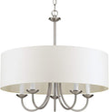 Progress Lighting Drum Shade Collection Five-Light Chandelier, Farmhouse Style Hanging Ceiling Light Fixture for Dining Rooms, Foyers, White Textured Linen Shade, Brushed Nickel