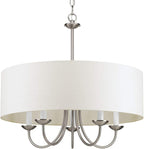 Progress Lighting Drum Shade Collection Five-Light Chandelier, Farmhouse Style Hanging Ceiling Light Fixture for Dining Rooms, Foyers, White Textured Linen Shade, Brushed Nickel