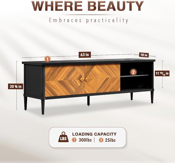 Lenia 65 Inch Solid Acacia Wood TV Stand, Modern Farmhouse Rustic Mid Century TV Media Console for Living Room, Entertainment Center with Storage & Cabinets, Brown Teak Finish