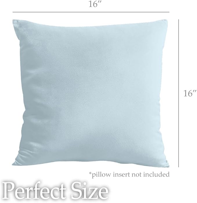 lalaLOOM Velvet Throw Pillow Covers, Set of 2 Decorative Square Pillows Home Decor, Soft Accent Cases, Silky Machine Washable Pillowcases for Sofa, Couch, Bedroom, Living Room, 16x16, Light Blue