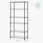 SONGMICS 6-Tier Storage Shelves, Wire Shelving Unit, Kitchen Metal Shelves, Storage Rack with Adjustable Shelves, Shelf Liners, 8 Hooks, for Garage, 11.4 x 23.2 x 63 Inches, Black ULGR066B01