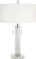 Possini Euro Design Cadence Modern Table Lamp 30" Tall with USB Dimmer Linear Clear Glass Rod White Linen Drum Shade for Bedroom Living Room House Bedside Nightstand Home Office Entryway Family