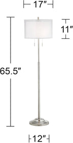 Possini Euro Design Roxie Modern Standing Floor Lamp 65.5" Tall Brushed Nickel Silver Double Layer Sheer Linen Fabric Drum Shade Decor for Living Room Reading House Bedroom Home