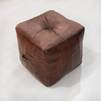 Handmade Eco-Friendly Geometric Leather Pouf Brown Color Square 18" x 18" x 18" Buffalo Leather Pouf for Living Room, Bedroom Seating, Patio