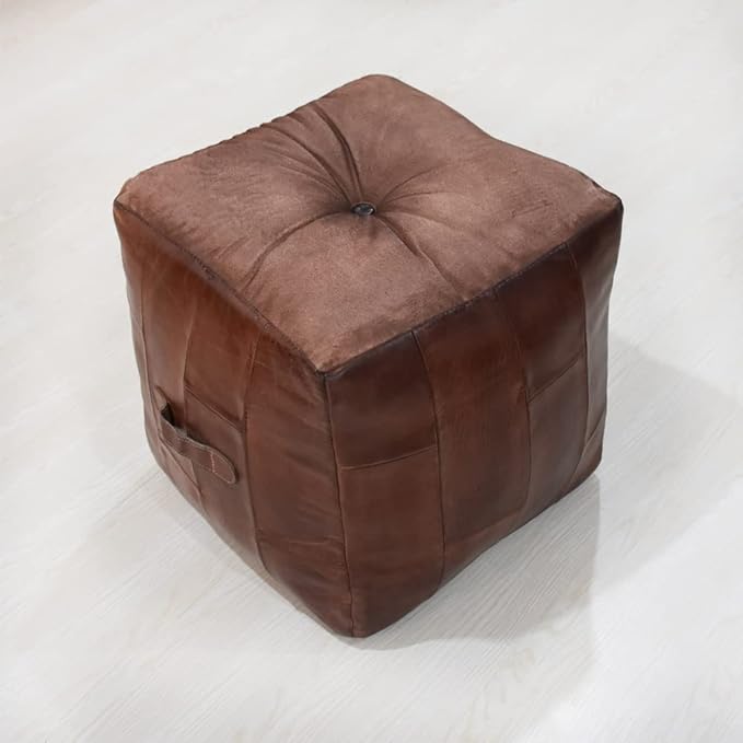 Handmade Eco-Friendly Geometric Leather Pouf Brown Color Square 18" x 18" x 18" Buffalo Leather Pouf for Living Room, Bedroom Seating, Patio