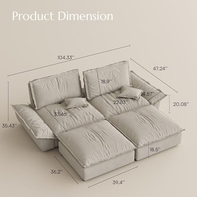 POVISON Oversized Modular Sectional Sailboat Sofa for Living Room with Adjustable Backrest Modern Sectional Couches Loveseat Large Deep Sofa 2 Seats with 2 Ottomans Comfy Cloud Couch for House Office