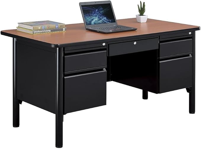 nbf signature series Stahl Double Pedestal Office Desk – Durable Gray Laminate Computer Desk with 4 Lockable Drawers – Modern Executive Desk with File Cabinet – 60" W x 30" D Office Work Desk