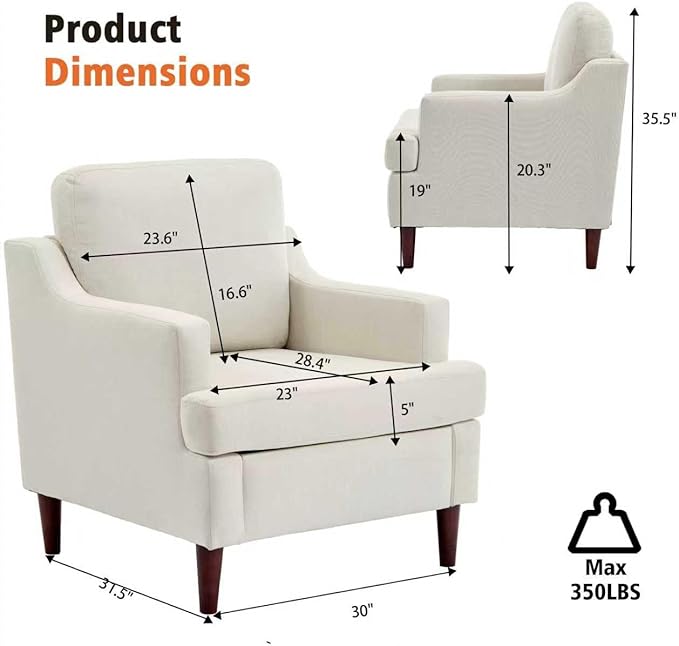 Mid-Century Accent Chair Modern Linen Fabric Armchair for Living Room,Comfy Upholstered Reading Chairs for Bedroom,Single Sofa Chair with Wood Legs (Linen Beige, Set of 1)