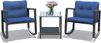 COSTWAY 3 Pieces Patio Rattan Rocking Chair Set, Outdoor Conversation Furniture Sets with Coffee Table, Storage Shelf and Cushions, Modern Bistro Set for Porch, Backyard, Garden, Navy