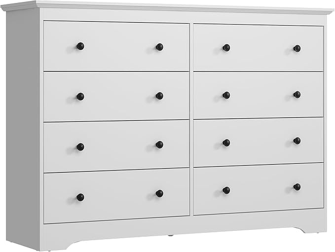 White Dresser for Bedroom, 8 Drawer Dresser with Large Drawers, 55 Inch Wide Wood Chest for Living Room, Hallway