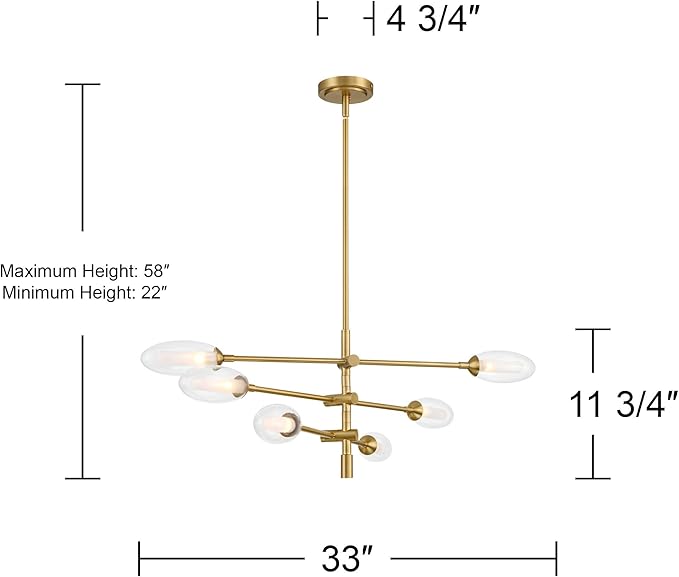 Possini Euro Design Evelyn 33" Modern Chandelier Ceiling Light Fixture Dining Room Over Table Kitchen Island Foyer Sputnik Hanging 6-Light LED Dimmable Brushed Gold Finish Glass Hallway Large
