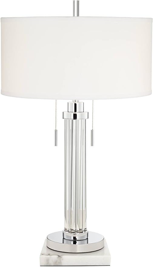 Possini Euro Design Cadence Modern Table Lamp 30" Tall with Square White Marble Riser Linear Glass Rod White Linen Drum Shade for Bedroom Living Room Nightstand Bedside Night Stand Office Kids Room
