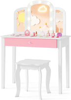 Costzon Kids Vanity, Girls Vanity Set with Mirror and Stool and Lights, Storage Drawer, Princess Toddler Makeup Vanity Desk Dressing Table, Wooden Kids Vanity Table and Chair Set (White)