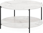Furinno BESI Coffee Table, 2-Tier Round Modern Coffee Table with Metal Legs, Metal Frame Side Table with Open Shelf, for Living Room, Bedroom, Home Office, Marble White